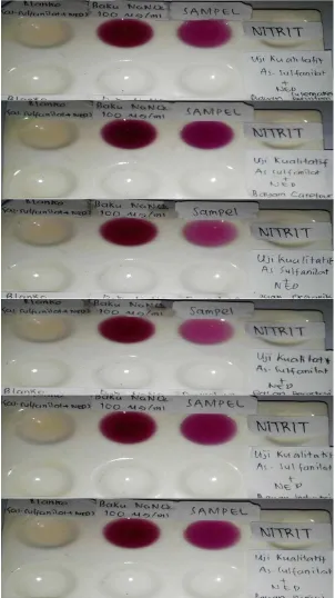 Gambar 14 Hasil uji kualiatif dengan pereaksi asam sulfanilat dan NED 
