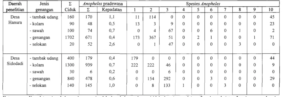 Tabel 4a.  Jenis genangan tempat perindukan Anopheles, kepadatan Anopheles  pradewasa  dan spesies Anopheles  di  daerah penelitian di Kecamatan Padangcermin Kabupaten Lampung Selatan, tahun 1992-1993