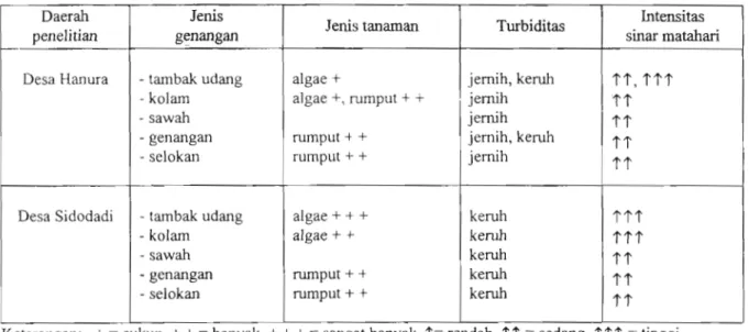 Tabel 4b.  Jenis  genangan  tempat  perindukan  Anopheles,  jenis  tanaman,  kekeruhan  dan  intensitas  sinar  matahari  di  daerah  penelitian  di  Kecamatan  Padangcermin Kabupaten Lampung Selatan, tahun 1992-1993