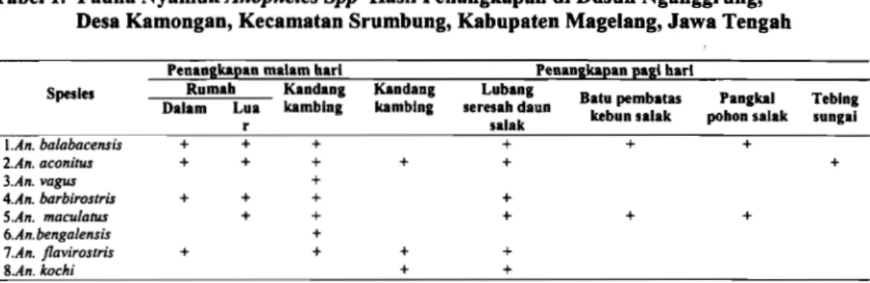Tabel  1.  Fauna Nyamuk Anopheles Spp  Hasil Penangkapan di Dusun Nganggrung,  Desa Kamongan, Kecamatan Srumbung, Kabupaten Magelang, Jawa Tengah 