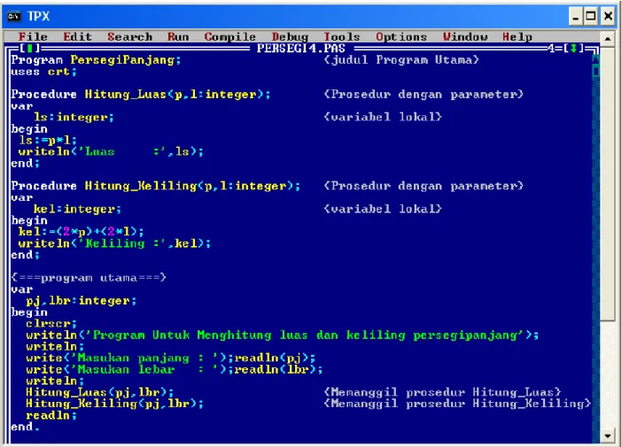 Gambar 14. Tampilan di Editor Turbo Pascal, Program Persegipanjang , dengan parameter 