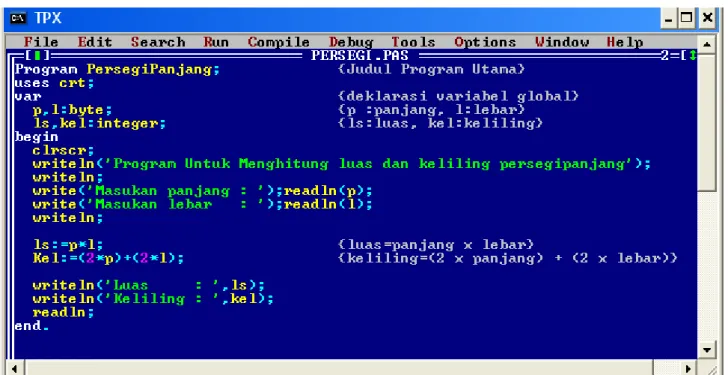 Gambar 4. Tampilan di Editor Turbo Pascal, Program Persegipanjang tanpa prosedur 