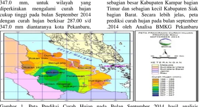 Gambar  1.  Peta  Prediksi  Curah  Hujan  pada  Bulan  September  2014  hasil  analisis            BMKG Pekanbaru