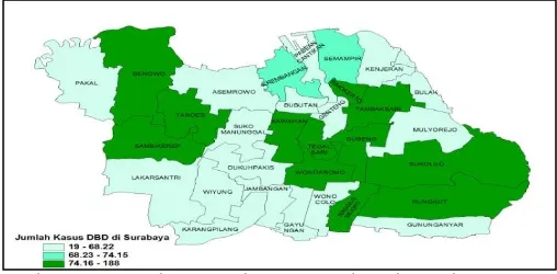 Gambar 1. Peta Penyebaran Jumlah Kasus DBD di Surabaya Tahun 2013 