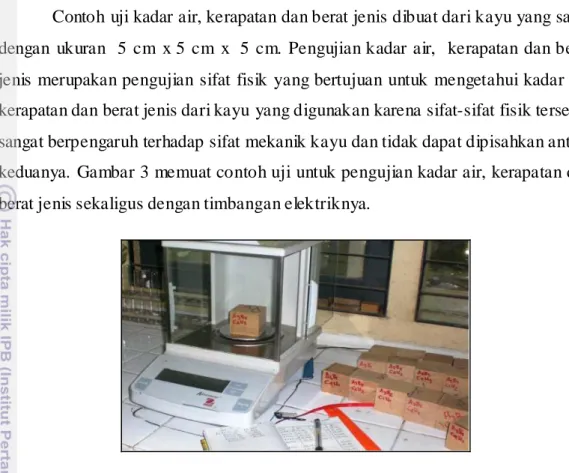 Gambar 3. Penimbangan contoh uji kadar air, kerapatan dan berat jenis   (ukuran 5 x 5 x 5 cm 3 ) 