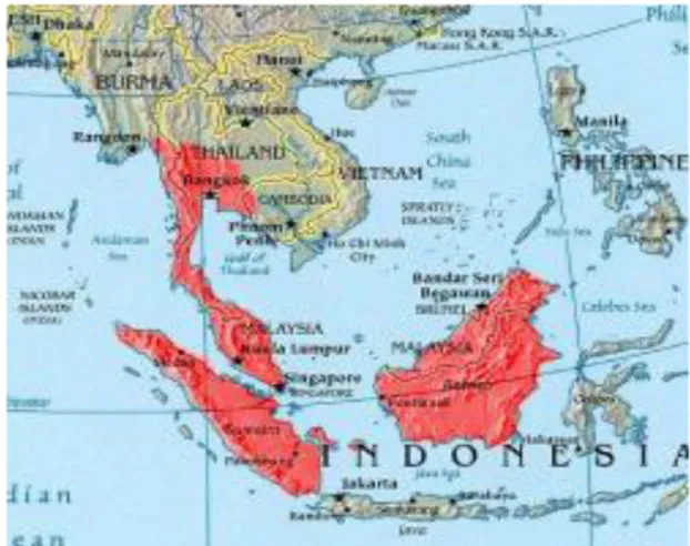 Gambar 3  Penyebaran biawak dumeril di kawasan Sunda  Asia Tenggara (warna  merah). 