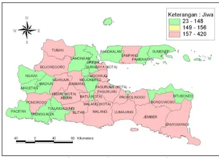 Gambar 2. Persebaran Jumlah Kematian Bayi di Jawa Timur 