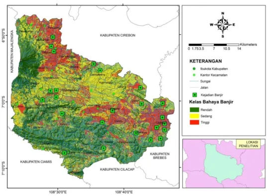Gambar 3.1 Peta bahaya banjir dan persebaran titik-titik kejadian  longsor tahun 2015-2017 di Kabupaten Kuningan untuk validasi
