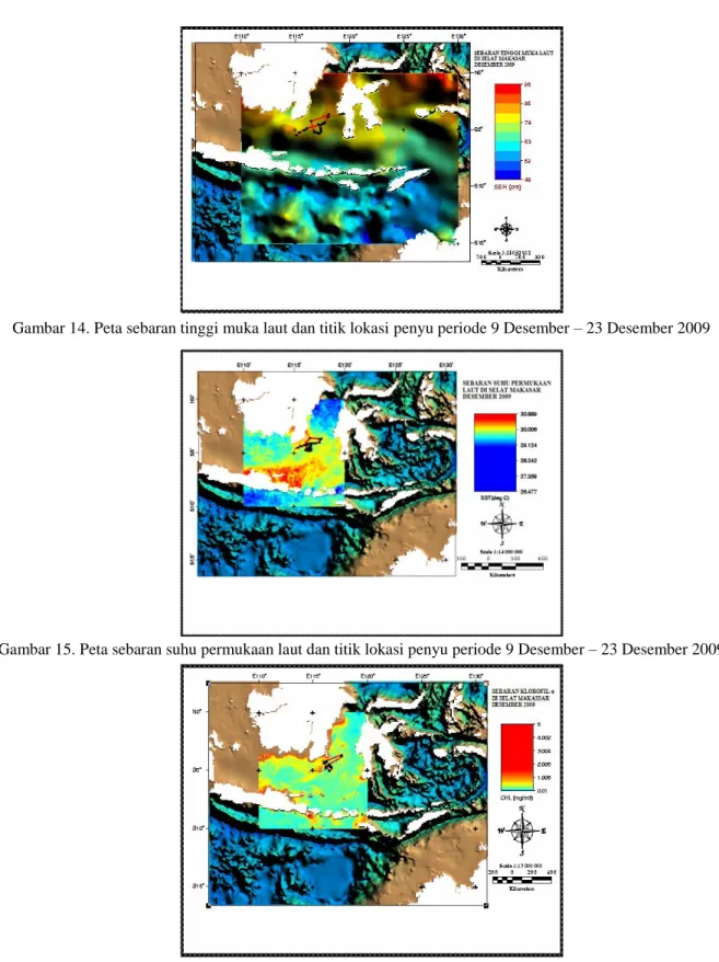 Gambar 15. Peta sebaran suhu permukaan laut dan titik lokasi penyu periode 9 Desember – 23 Desember 2009 