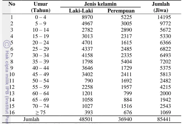 Tabel 4. Jumlah Penduduk Menurut Umur dan Jenis Kelamin di Kelurahan  Jatinegara Tahun 2011 