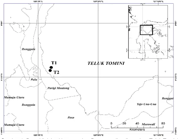 Gambar 1. Peta titik lokasi kemunculan Paper nautilus di perairan Teluk Tomini      Kabupaten Parigi Moutong Provinsi Sulawesi Tengah