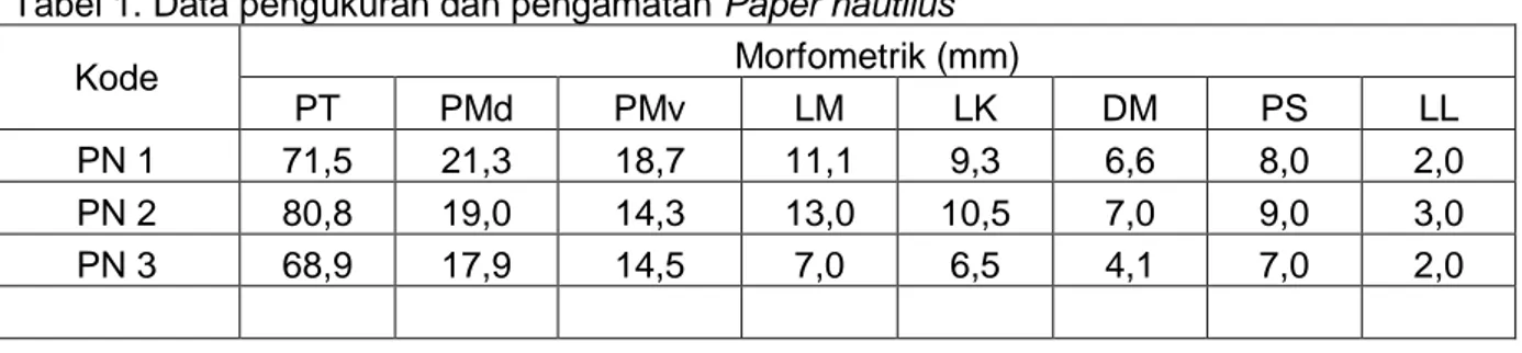 Tabel 1. Data pengukuran dan pengamatan Paper nautilus 