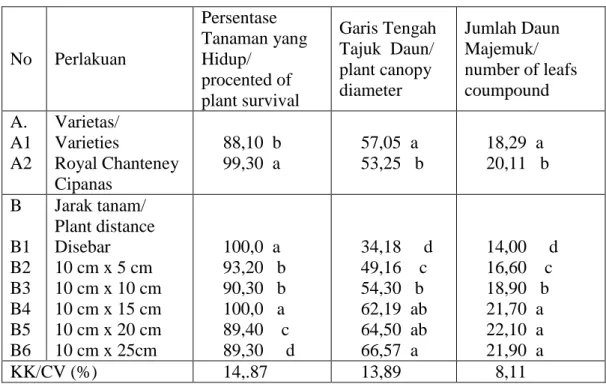 Tabel 1.   Respon Kombinasi Varietas dan Jarak tanam terhadap pertumbuhan dan  bobot hasil tanaman wortel (Daucus carota.L) pada parameter persentase  tanaman  yang tumbuh,  garis tengah tajuk dan jumlah daun  (The  respon  of plant  varieties and plant di