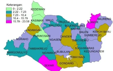 Gambar 1. Persebaran kematian balita per kecamatan di Kabupaten  Bojonegoro Tahun 2011 