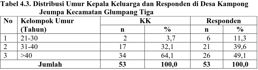 Tabel 4.3. Distribusi Umur Kepala Keluarga dan Responden di Desa Kampong Jeumpa Kecamatan Glumpang Tiga  