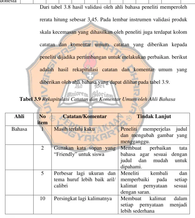 Tabel 3.9 Rekapitulasi Catatan dan Komentar Umum oleh Ahli Bahasa 