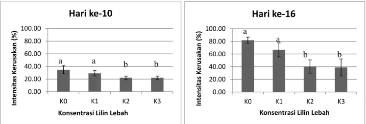 Gambar 2. Grafik tingkat kerusakan  buah mangga pada penyimpanan hari ke-10 dan ke-16 akibat perlakuan  pelapisan emulsi lilin lebah dengan konsentrasi berbeda