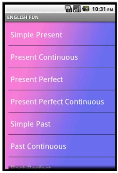 Gambar 8: Tampilan Listview Tenses Penjelasan listing program diatas adalah  se-buah string listview dengan nama mpresent yang berisi Simple Present", "Present  Con-tinuous", "Present Perfect", "Present Perfect Continuous", 
