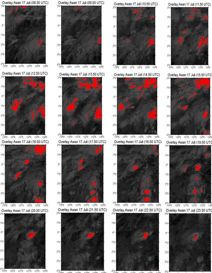 Gambar  10. Overlay Citra Satelit Kanal IR dan Awan Cb Yang Terdeteksi Warna Merah Menunjukkan Perawanan  Konvektif Cumulonimbus (Cb) 