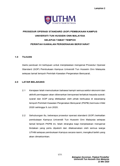 PROSEDUR OPERASI STANDARD (SOP) PEMBUKAAN KAMPUS UNIVERSITI TUN HUSSEIN ...