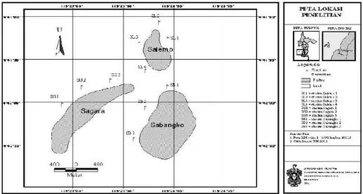 Gambar 1. Peta lokasi penelitian pulau Sabangko, Sagara dan Salemo, kabupaten Pangkep