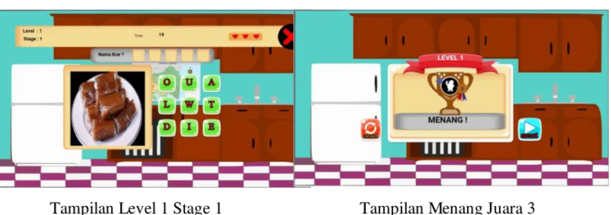 Gambar 10 Tampilan Level 1 Stage 1 dan Tampilan Menang Juara 3 