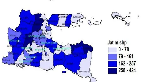 Gambar 1.  Peta Persebaran Jumlah Kasus Kematian Ibu di Provinsi Jawa Timur Tahun 2012 