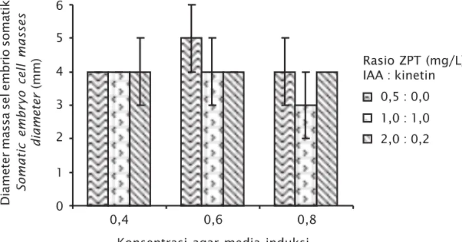 Gambar 3. Perkembangan massa sel embrio somatik pada tahap regenerasi pada berbagai rasio ZPT dan konsentrasi agar media
