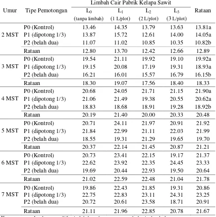 Tabel 1. Rataan tinggi tanaman bawang merah umur 2-7 MST (cm) pada perlakuan tipe pemotongan dan pemberian limbah cair pabrik kelapa sawit 