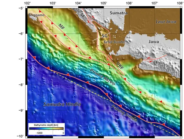 Gambar 1 Tatanan tektonik daerah sekitar Selat Sunda. Komplek prisma akresi terbentuk di antara palung dan  sumbu forearc high yang dibatasi oleh zona sesar naik bearah palung