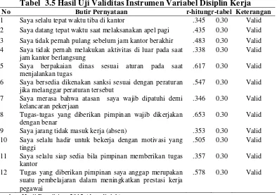 Tabel  3.5 Hasil Uji Validitas Instrumen Variabel Disiplin Kerja  