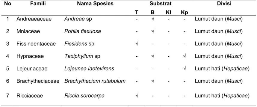 Tabel 1. Jenis tumbuhan tumut (Bryophyta) pada berbagai substrat 