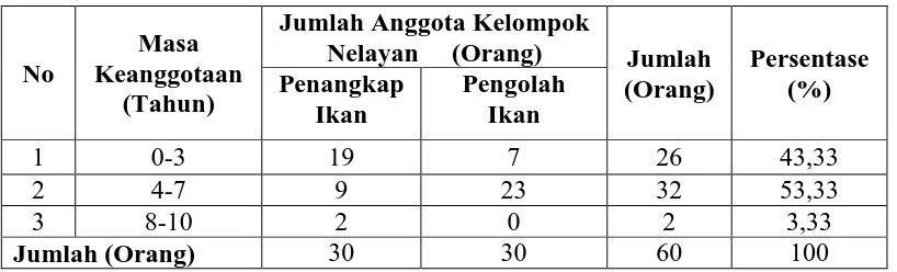 Tabel 11. Distribusi Anggota Kelompok Nelayan di Kelurahan Nelayan Indah, Kecamatan  Medan Labuhan Berdasarkan Masa Keanggotaan Tahun 2009