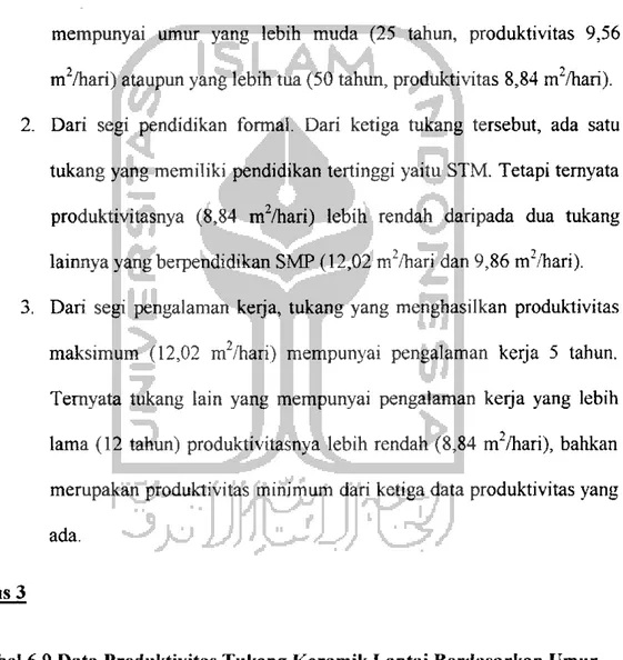 Tabel 6.9 Data Produktivitas Tukang Keramik Lantai Berdasarkan Umur, Pengalaman Kerja , Dan Pendidikan Formal Untuk Luasan 60 m