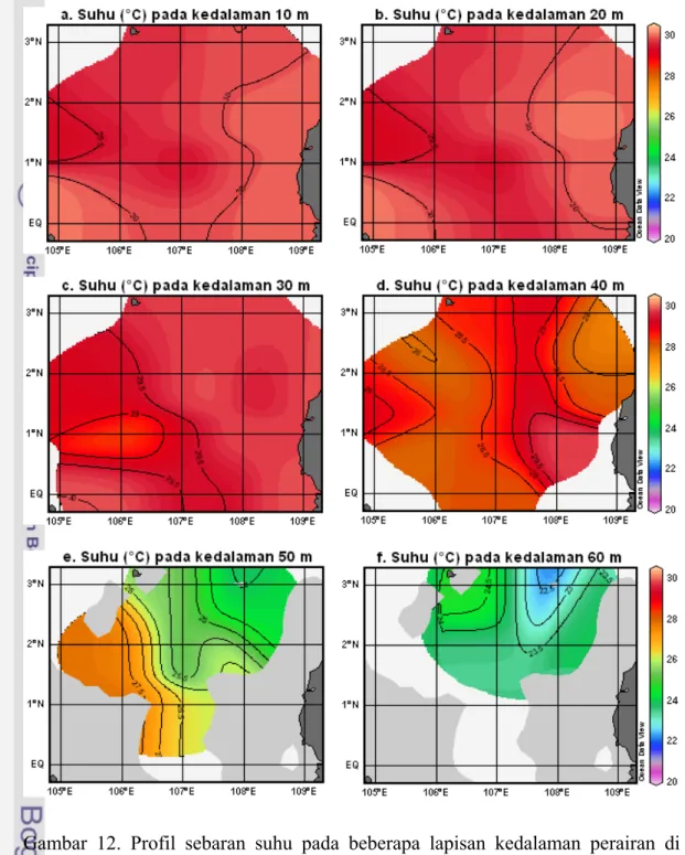 Gambar 12. Profil sebaran suhu pada beberapa lapisan kedalaman perairan di  Lokasi A (Juni 2005) 