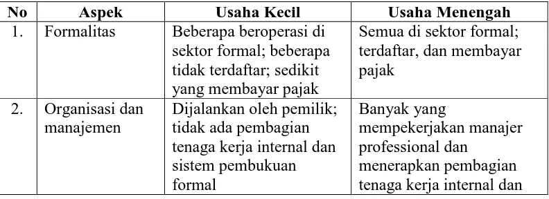 Tabel II.1. Karakteristik Utama dari Usaha Kecil dan Usaha Menengah 
