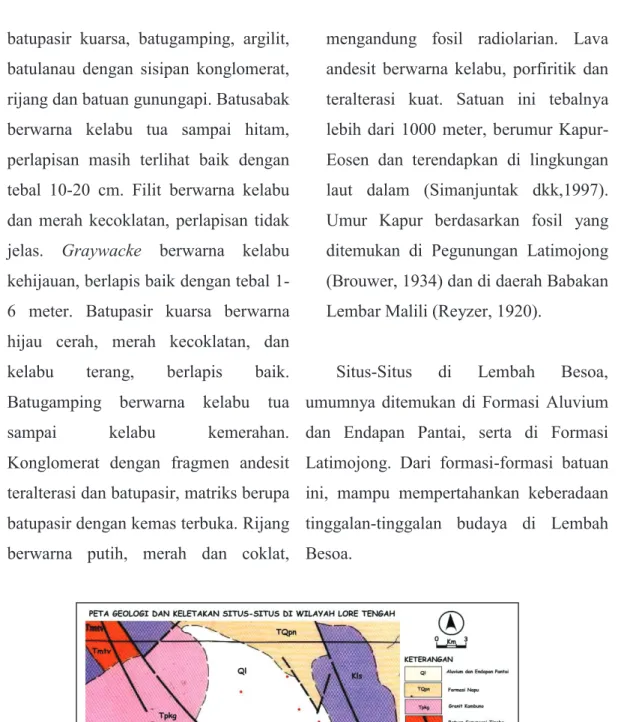 Gambar 4. Peta Geologi menunjukkan keletakan situs pada endapan alluvium dan  endapan pantai, serta Formasi Latimojong (Sumber: Simanjuntak dkk., 1997 dengan 