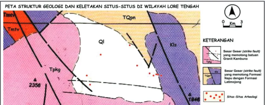 Gambar 5. Peta struktur geologi dan posisi situs-situs di antara sesar geser Granit  Kambuno dan sesar geser Napu-Latimojong (Sumber: Simanjuntak dkk., 1997 dengan 