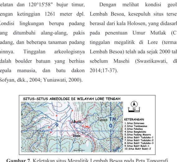 Gambar 7. Keletakan situs Megalitik Lembah Besoa pada Peta Topografi  (Sumber: Lembar Pasangkaju Indonesia SA 50-8 Edition 1-AMS 1962 dengan 