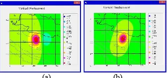 Gambar 14. Vertikal displacement mekanisme sumber gempa bumi 02/09/2009:07:55:02 UTC (a) Skenario ISOLA_GUI (berdasarkan 2 skenario penentuan strike: 177, dip: 75, dan rake: 78) (b) Skenario IRIS (strike: 198, dip: 50, dan rake: 65) 