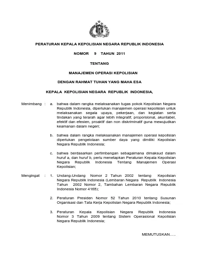 PERATURAN KEPALA KEPOLISIAN NEGARA REPUBLIK INDONESIA NOMOR 9 TAHUN ...