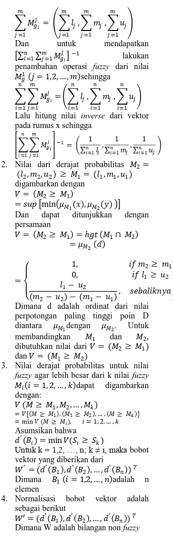 Tabel 1 Skala Nilai Fuzzy Segitiga  No  Himpunan Linguistik  Triangular Fuzzy  Number  (TFN)  Reciprocal  (Kebalikan)  1  Perbandingan  elemen 