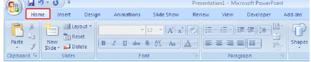 Tab  Menu  Home,  terdapat  Ribbon  yang  terdiri  dari  beberapa  tool  group,  antara  lain  :  :  Clipboard, Slides, Font, Paragraph, Drawing  dan Editing, yang berfungsi untuk mengatur  format slide dan isinya