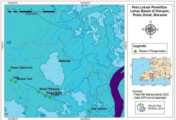 Gambar 1. Peta lokasi pengambilan contoh di lahan basah Distrik Kimaam, Merauke 
