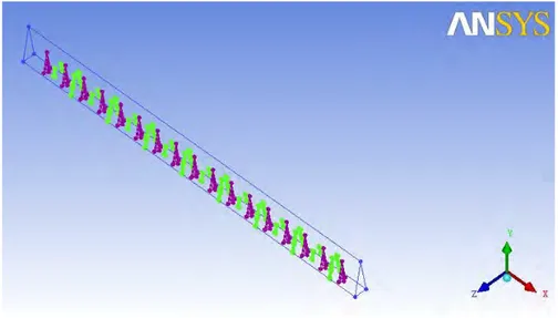 Gambar 3.3 Geometri kolektor surya v-corrugated absorber dan obstacle dengan  fins yang disusun secara staggered 