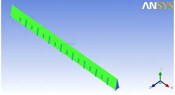 Gambar 3.4 Salah satu bentuk variasi Meshing 3D pada kolektor surya v-corrugated  absorber dan obstacle dengan penambahan  fins yang disusun secara staggered 