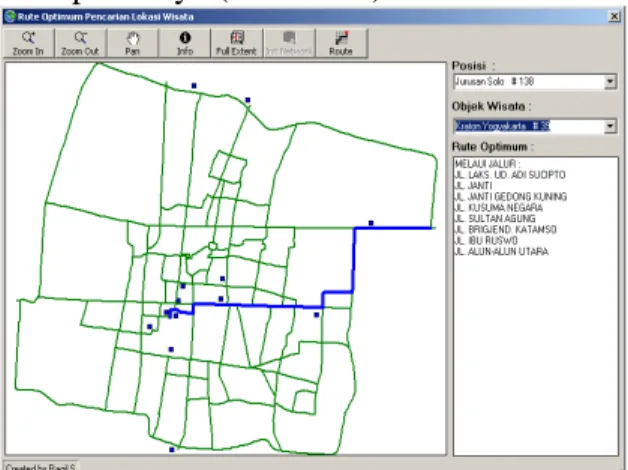 Gambar 5. Hasil SIG Rute Optimum  Pada  Gambar  5  merupakan  hasil  pencarian  rute  optimum  yang  dilakukan  oleh  sistem,  rute  optimum  berupa  ruas  jalan yang dilalui yaitu :  