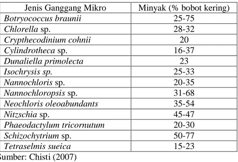 Tabel 3. Produksi Minyak Beberapa Jenis Ganggang Mikro  Jenis Ganggang Mikro  Minyak (% bobot kering) 