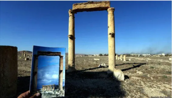 Gambar 4.2. Foto Sebelum dan Sesudah Kuil Baalshamin dihancurkan oleh ISIS  Sumber: 