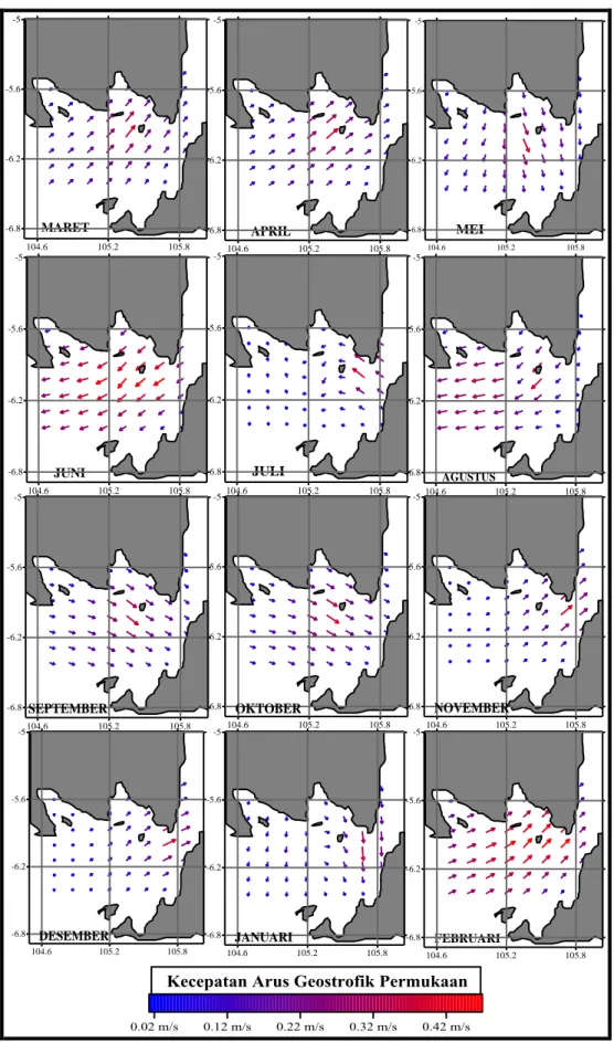 Gambar 11.  Distribusi horizontal arus geostrofik permukaan rata-rata bulanan pada  bulan Maret 2008 sampai Februari 2009 